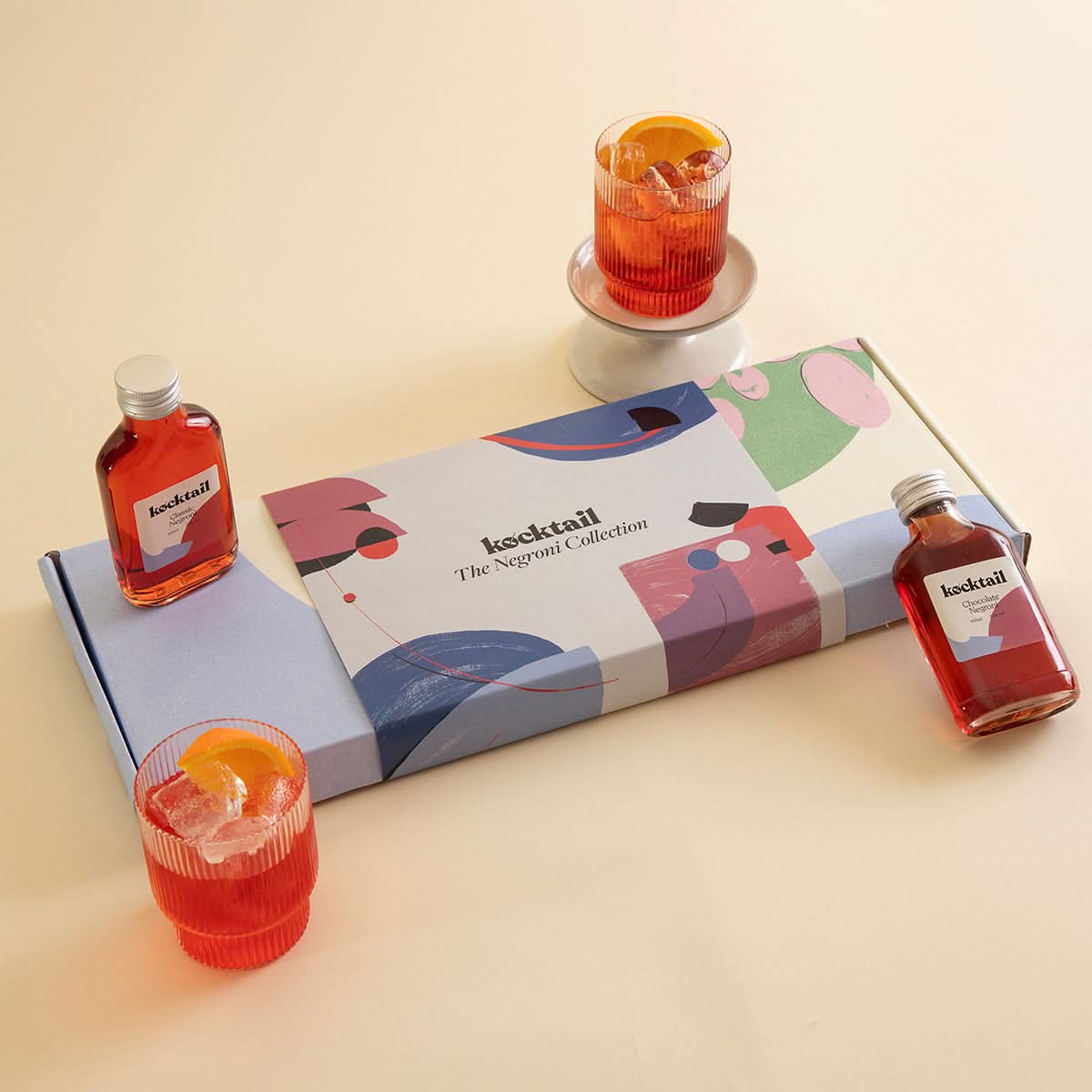 Bottled Negroni cocktail set by Kocktail, showcasing Classic, Chocolate, Fruit Cup and Mediterranean Orange flavours